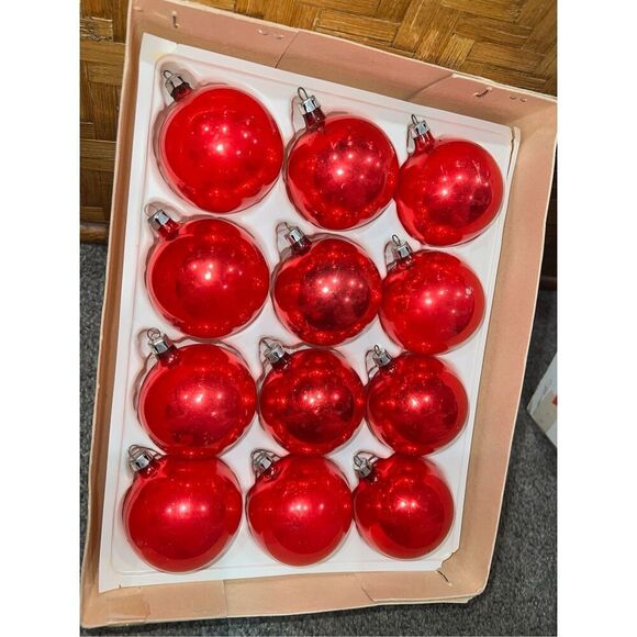 Vintage Christmas Glass Ball Ornaments-Red Round Ball 12 Ct In Box-Good Cond - Picture 3 of 5